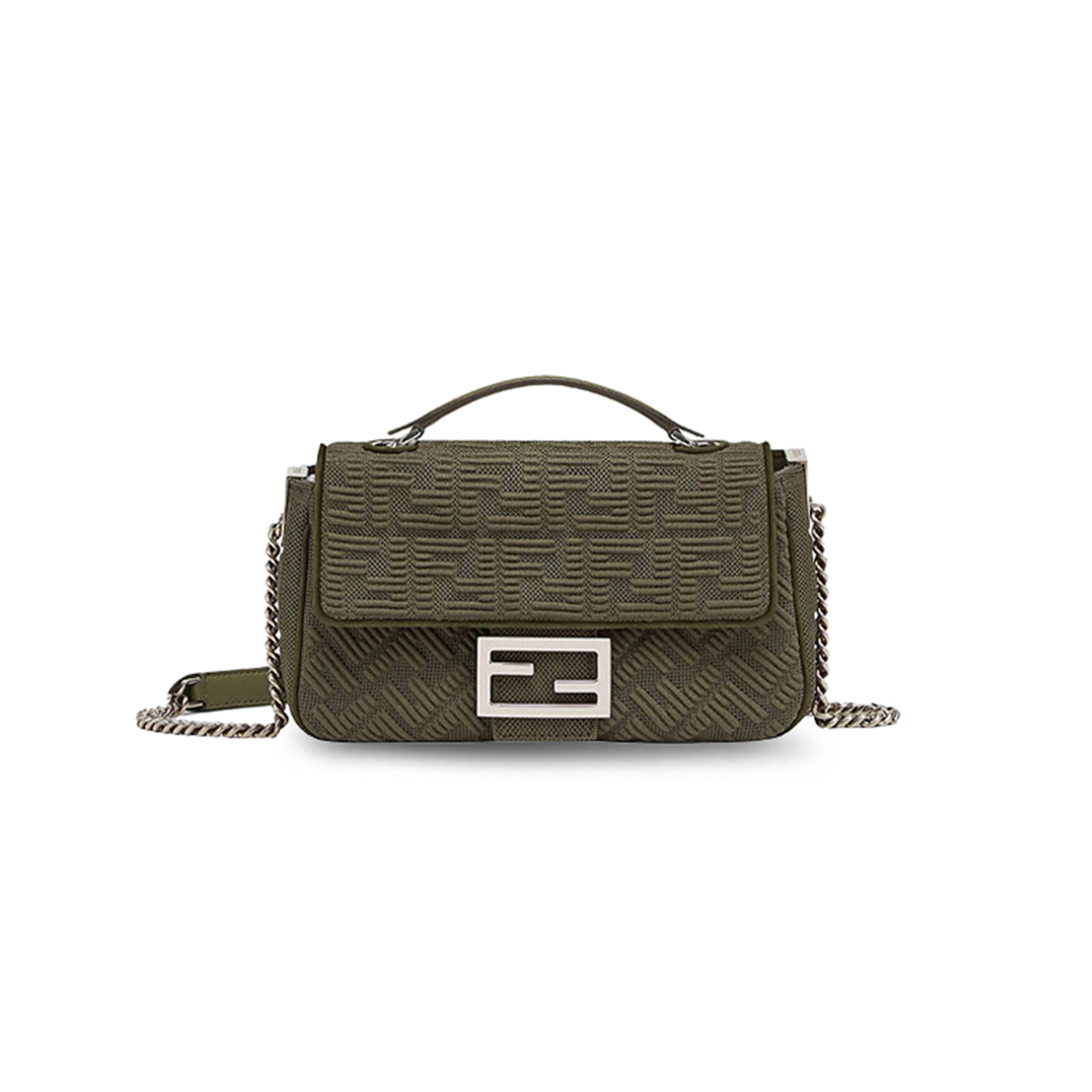 FENDI TECHNICAL FABRIC FF MIDI CHAIN BAGUETTE OLIVA 8BR793AHW5F1F2L (24*13*6cm)